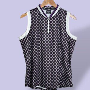 Belyn Key Sabrina Sleeveless Tank 1/4 Zip‎ Purple Black Floral Tennis Golf Large